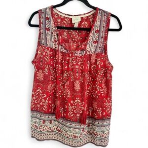 Boho Peasant Red Floral Blouse Tassels Short Sleeve Cottagecore Knox Rose Med